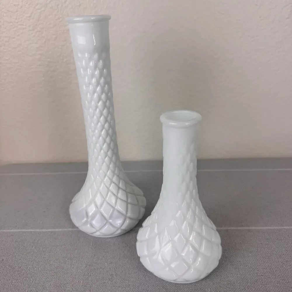 Vintage Hoosier Milk Glass Vase Set Of 2 Quilted Diamond White 6” 4062/9” 4092